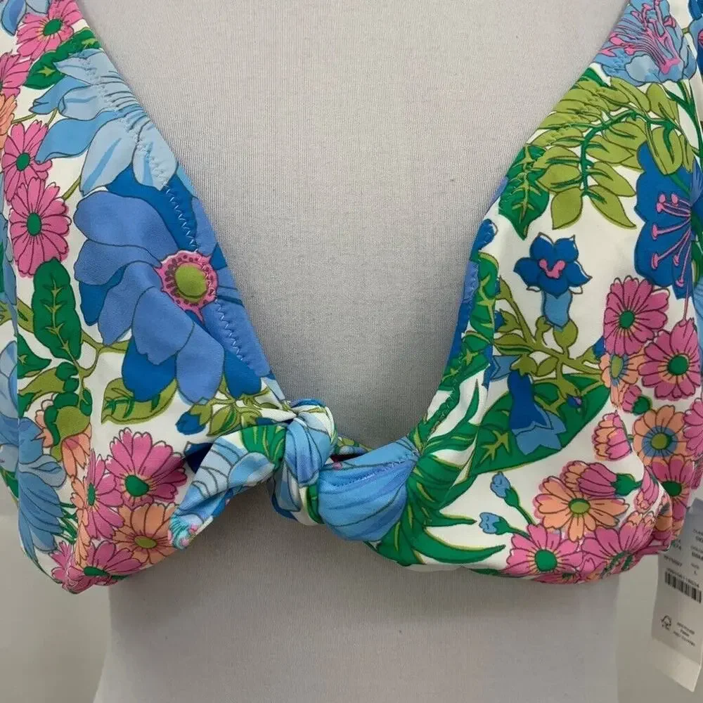 J Crew Bikini Top Womens L Large Multi Fairy Floral Print Eco Tie Front Swimwear